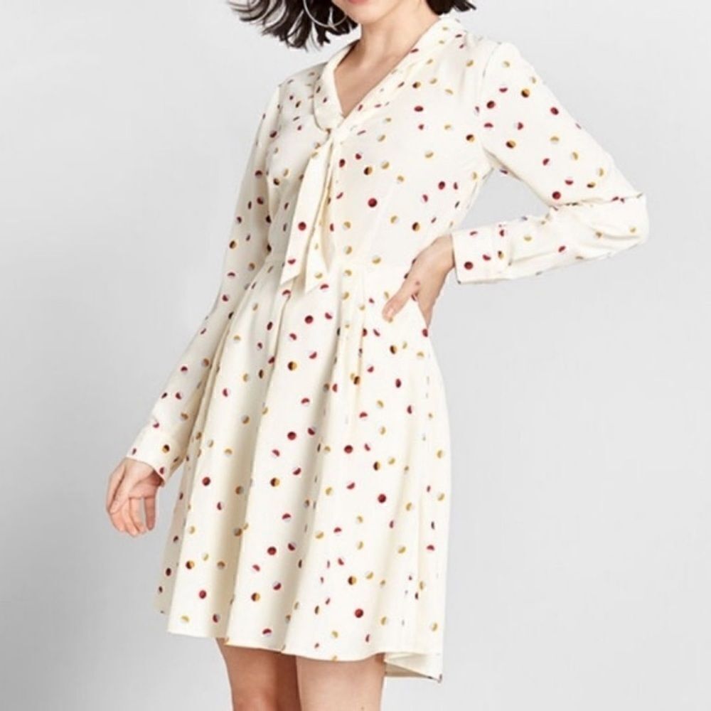 NWT ModCloth Pleasant Confidence Dress Polka Dot Tie Cream Pleats Pockets Sz 12